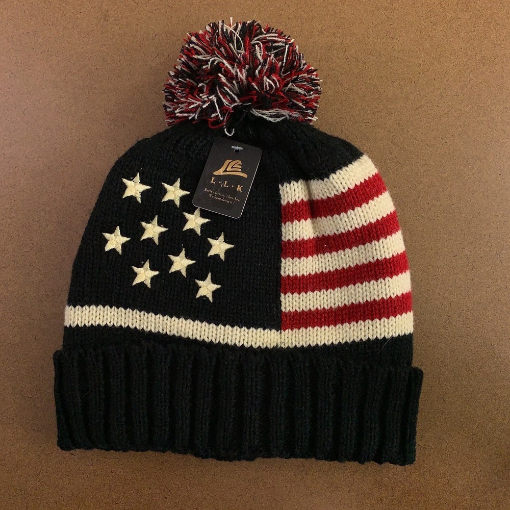 LLK Adult One Size American Flag Knit Pom Cuffed Beanie NWT